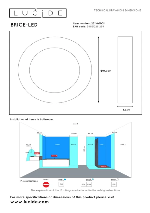 Lucide BRICE-LED - Plafonnière Badkamer - Ø 11,7 cm - LED Dimb. - 1x8W 3000K - IP44 - Wit - technisch